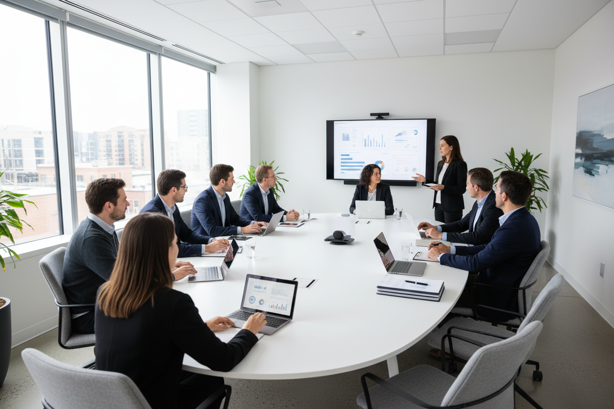 Group of people in a conference room with a presenter using a screen.