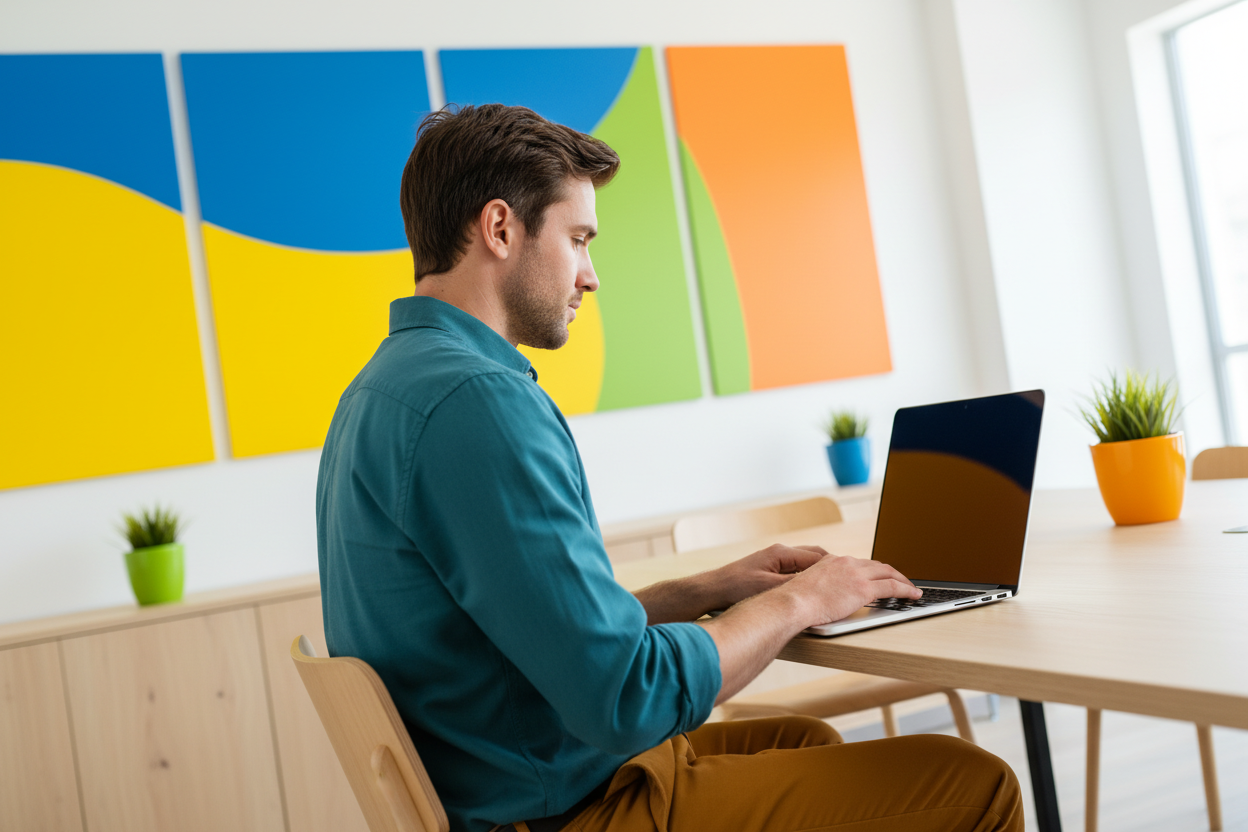 no screen - showing just person working on laptop bright color