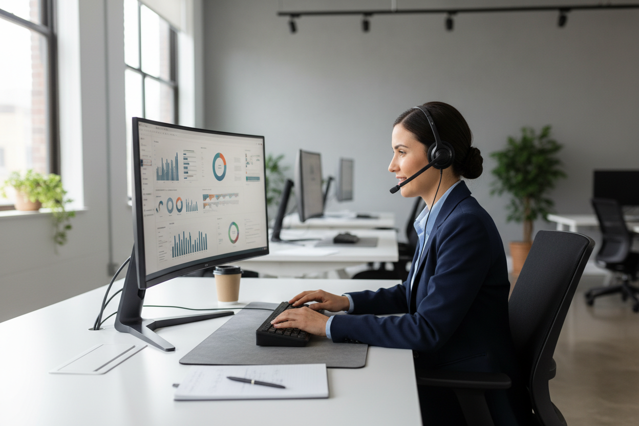 person talking on phone with headset and computer
