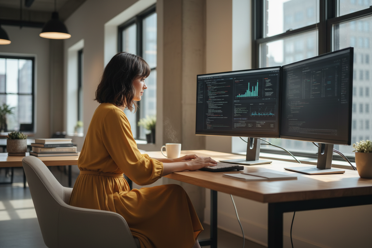 yellow dress human infront of PC